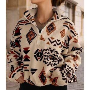 Cropped Aztec Sherpa Pullover Sweatshirt L Women’s Cozy Fall Winter eUC